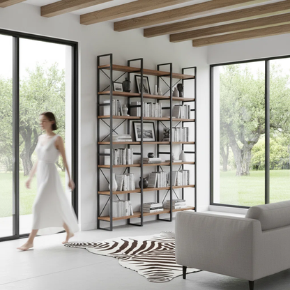 Etagere Antique Walnut MDF and Steel Bookcase