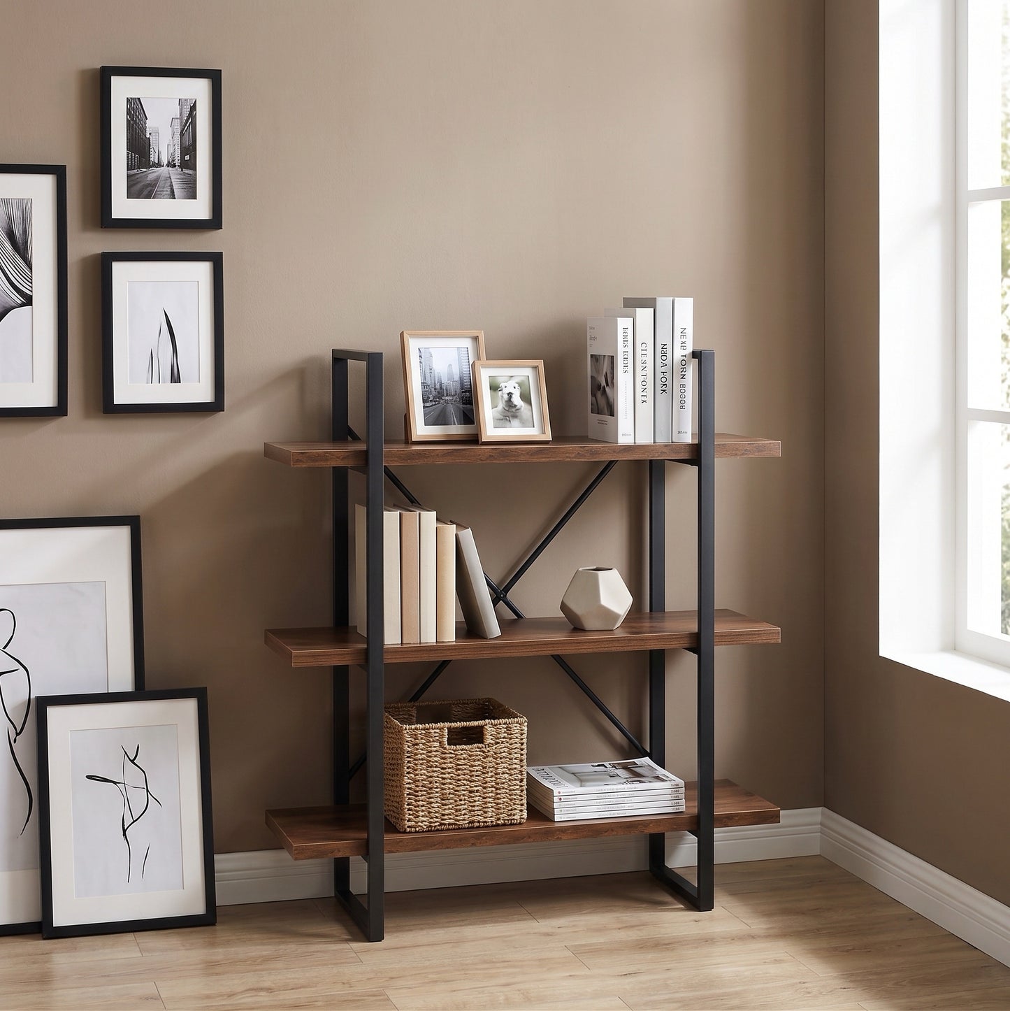 Modern Industrial Open Walnut Bookcase with X-Brace Support
