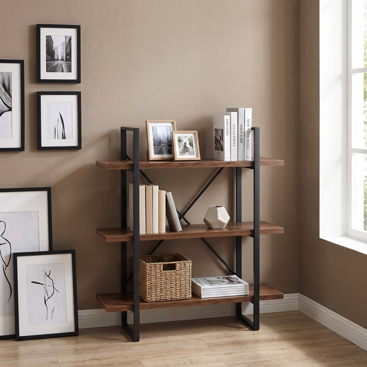 Modern Industrial Open Walnut Bookcase with X-Brace Support