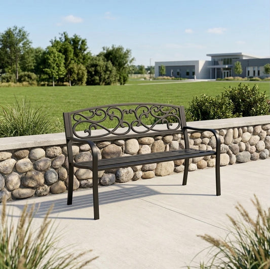 50" Outdoor Metal Garden Bench with Decorative Scroll Backrest, Patio Bench for Yard, Porch and Garden