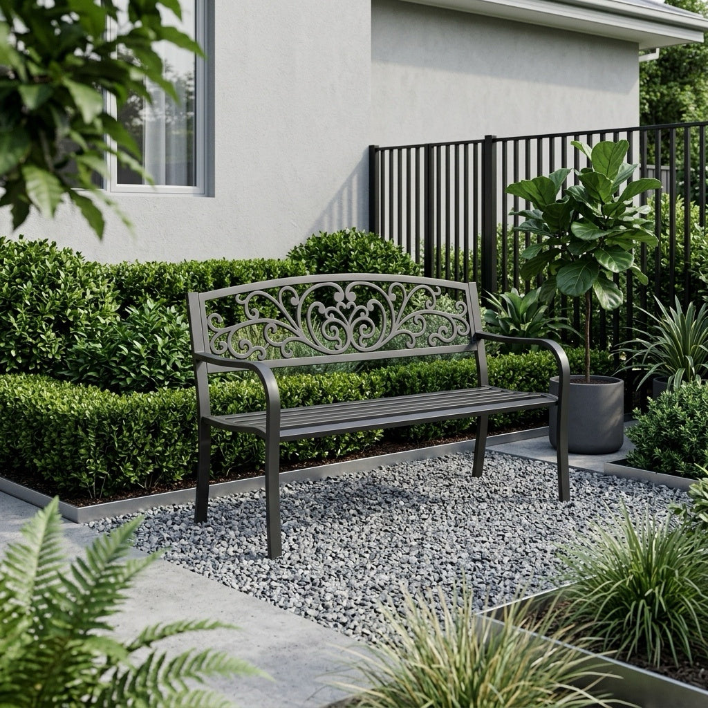 50" Outdoor Garden Bench with Decorative Backrest, Metal Patio Bench for Yard, Porch and Garden