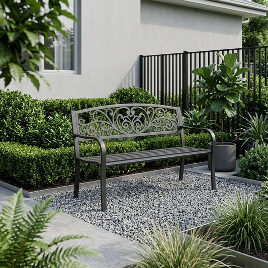 50" Outdoor Garden Bench with Decorative Backrest, Metal Patio Bench for Yard, Porch and Garden