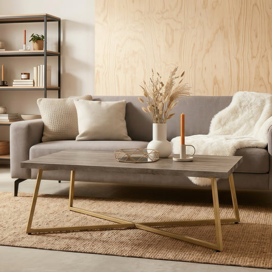 47.2" Modern Coffee Table with Gold Metal Base, Wood Grain Rectangular Center Table for Living Room