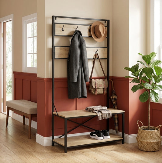 40” Industrial Hall Tree with Bench and Shoe Storage, Entryway Coat Rack with Hooks, Wood and Metal Organizer
