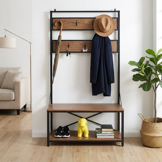 40" Industrial Hall Tree with Bench, Entryway Coat Rack with Shoe Storage Shelf and Hooks, Wood Metal Entryway Organizer