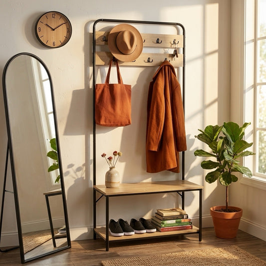 31.5" Entryway Hall Tree with Bench, Coat Rack with Shoe Storage and Double Hooks, Wood Metal Organizer in Oak Finish