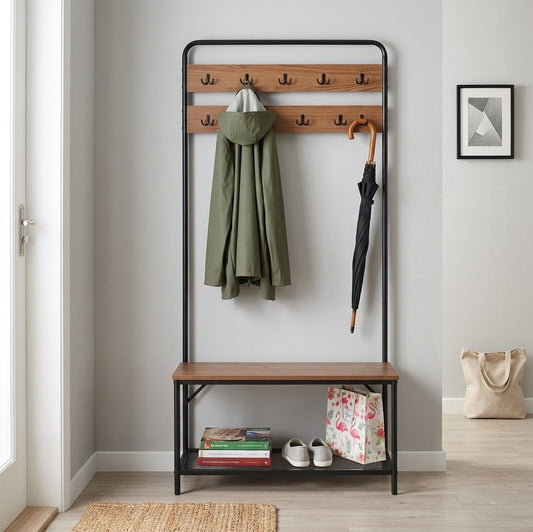 31.5" Entryway Hall Tree with Bench, Coat Rack with Shoe Storage and Double Hooks, Wood Metal Organizer in Walnut Finish