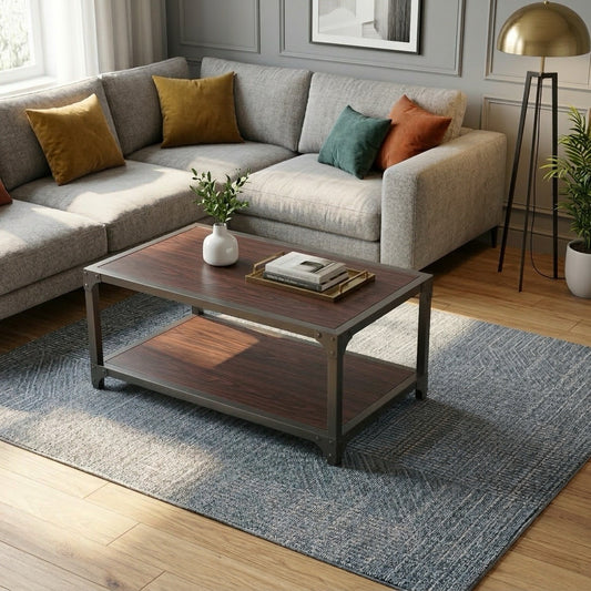 39.37" Industrial Coffee Table with Storage Shelf, Rustic Wood Living Room Table with Metal Frame, Small Center Table