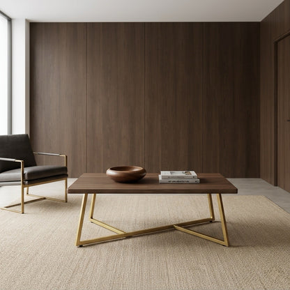 47.2" Modern Coffee Table with Gold Metal Base, Brown MDF Rectangular Center Table for Living Room