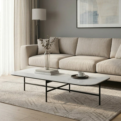 Modern Coffee Table with White Ceramic Top and  Black Metal Frame for Living Room