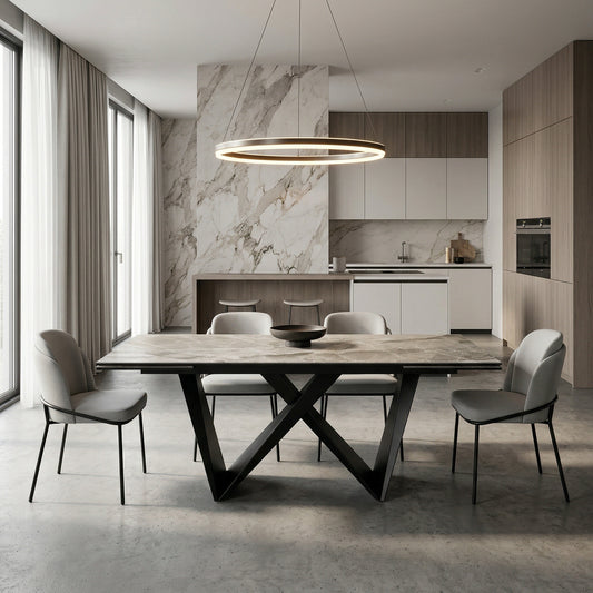 Expandable Dining Table with Ceramic Top, Black Slate Modern Dining Table