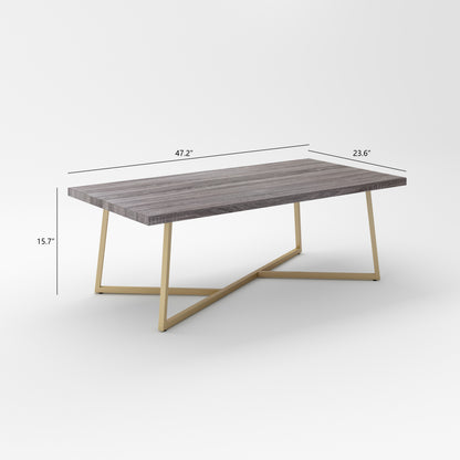 47.2" Modern Coffee Table with Gold Metal Base, Wood Grain Rectangular Center Table for Living Room