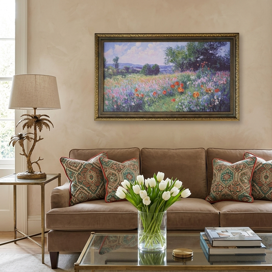 DLL2502, Art. Hand-Embellished Wildflower Canvas Wall Art 27" x 16.75" — Framed Impressionist Floral Landscape Art with Carved Solid Wood Frame, Vintage Nature Wall Decor Ready to Hang