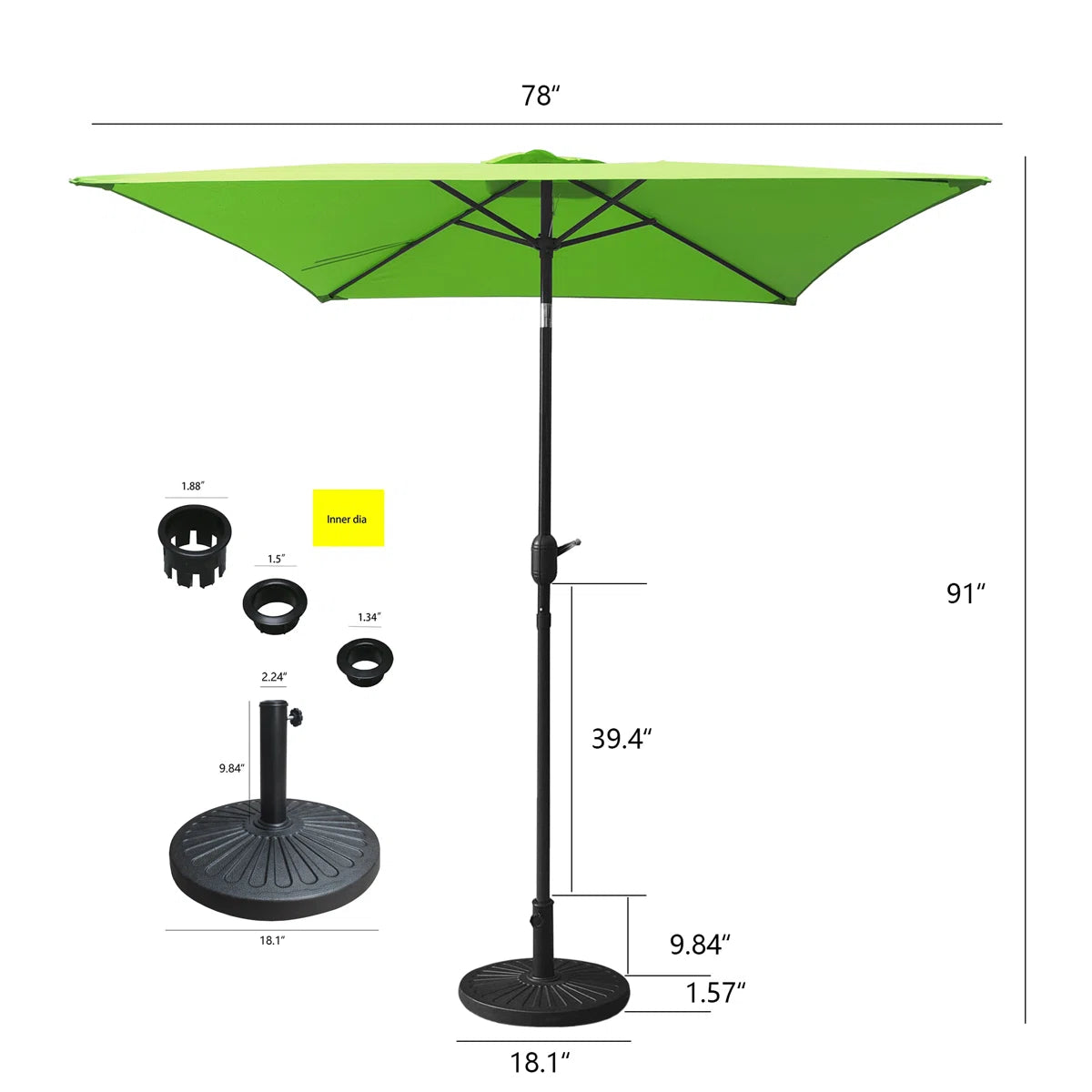 6.5FT Square Patio Umbrella with Tilt & Crank, Vented Outdoor Market Umbrella, Lime Green