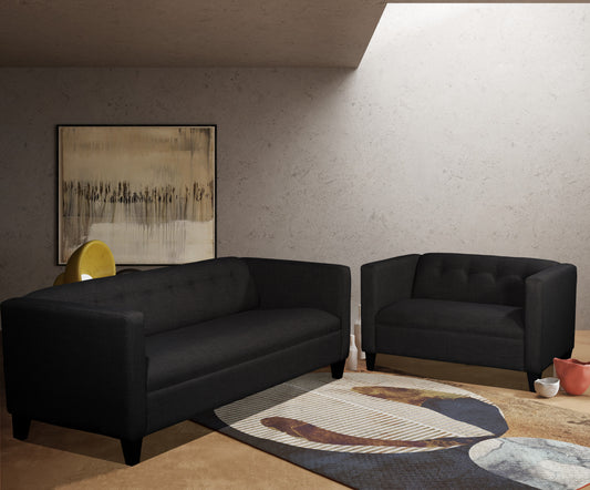 2-Piece Black Upholstered Sofa & Loveseat Set, Modern Fabric Couch Set with Solid Wood Frame and Foam Cushions