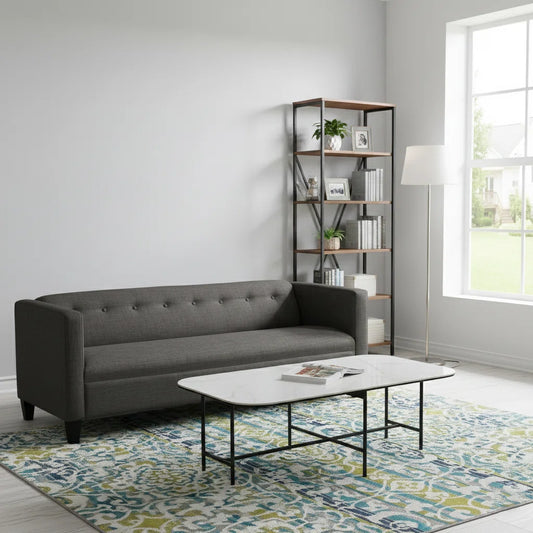 80" Dark Gray Upholstered Fabric Sofa, Modern Button-Tufted 3-Seat Couch with Track Arms and Tapered Legs