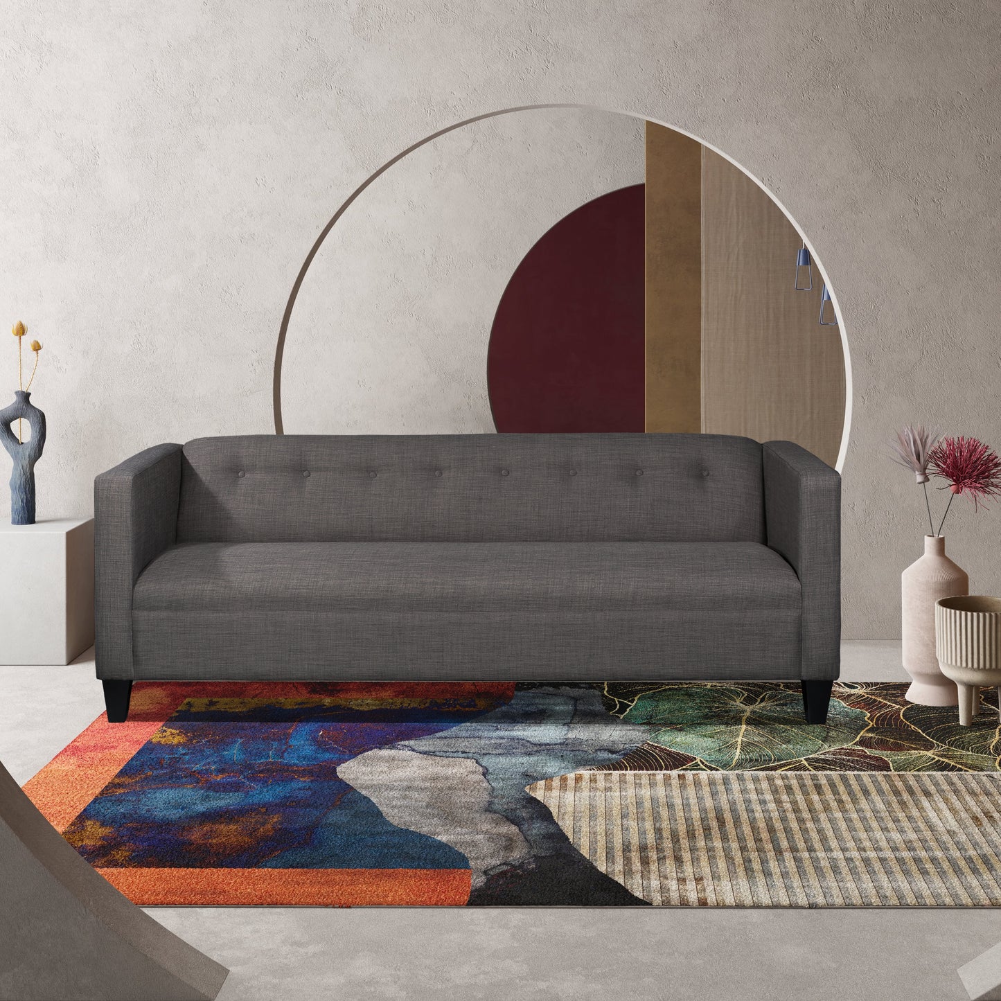 80" Dark Gray Upholstered Fabric Sofa, Modern Button-Tufted 3-Seat Couch with Track Arms and Tapered Legs