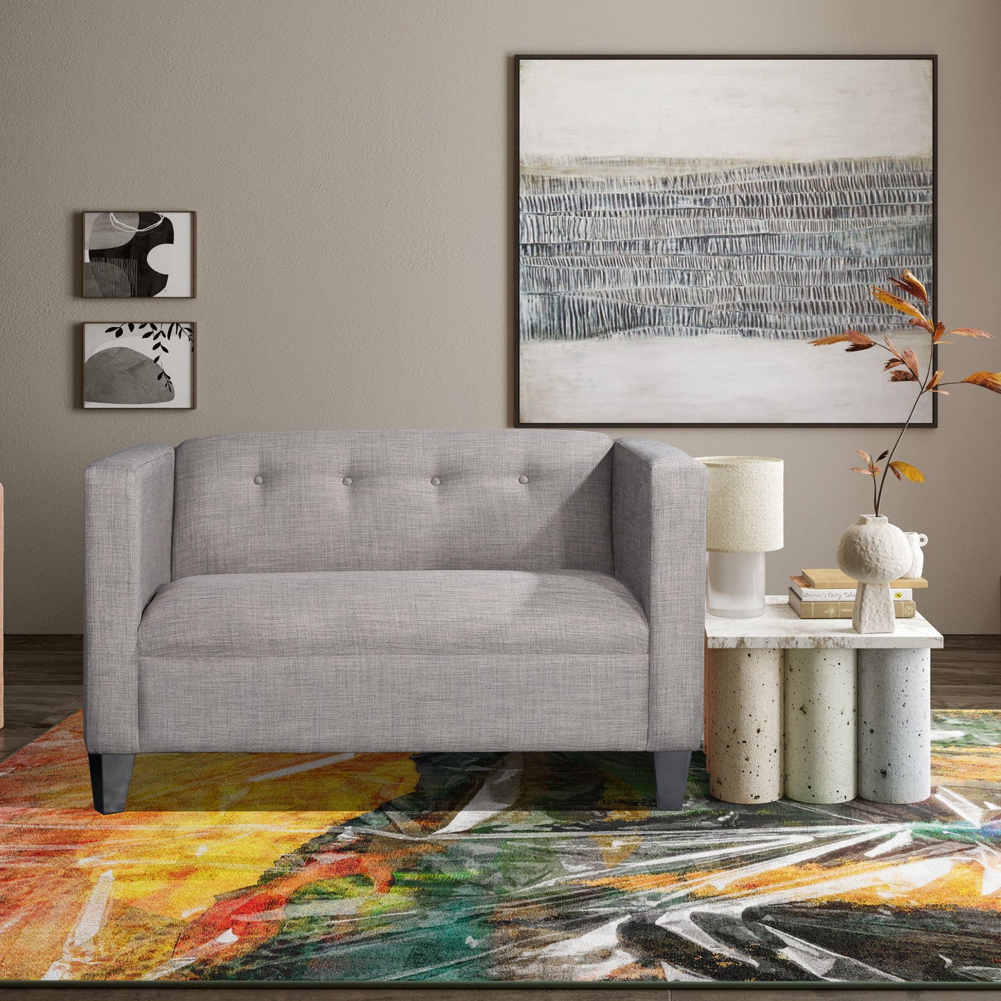 50" Button Tufted Upholstered Loveseat Sofa, Modern Fabric Small Couch, Gray