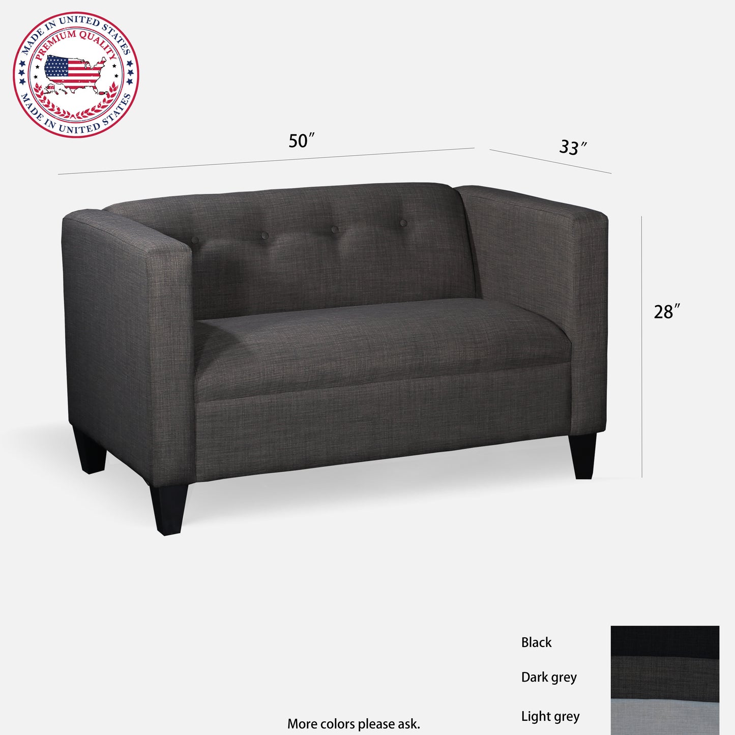 50" Button Tufted Upholstered Loveseat Sofa, Modern Fabric Small Couch, Gray