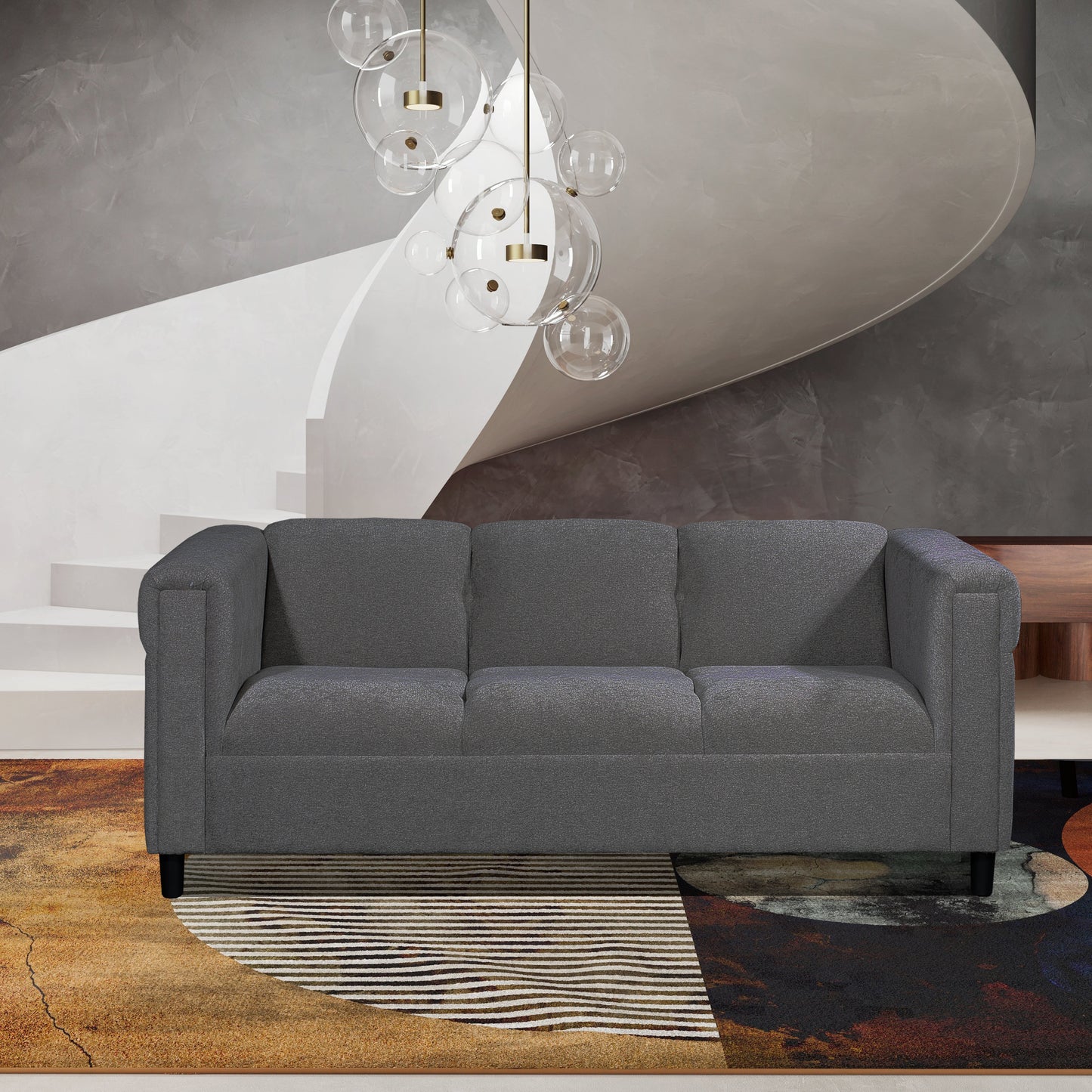 72" Modern Upholstered 3-Seater Sofa Couch, Dark Gray Fabric Sofa with Track Arms