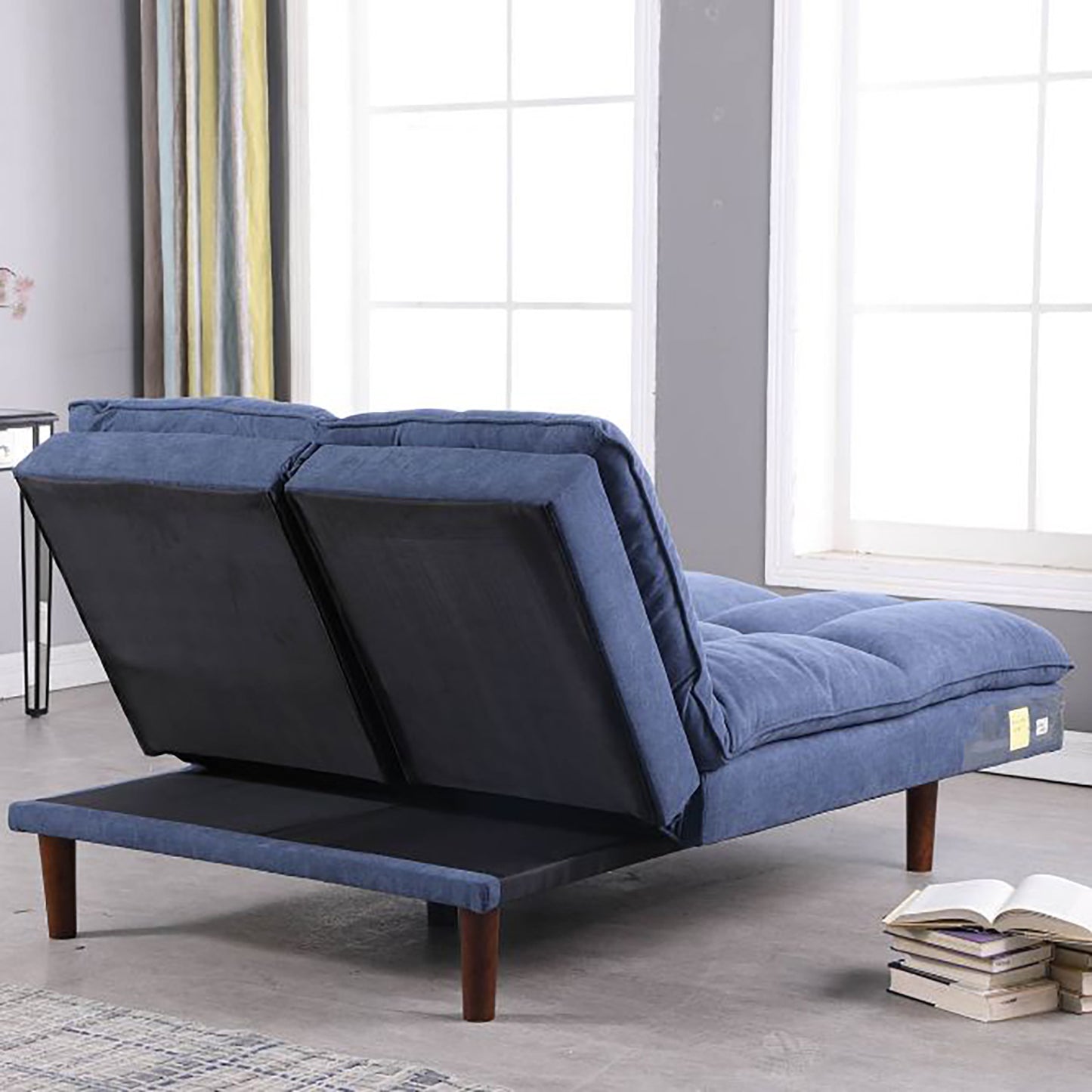 Convertible Futon Sofa Bed 76" Adjustable Back Upholstered Sleeper Couch with Wooden Legs, Blue