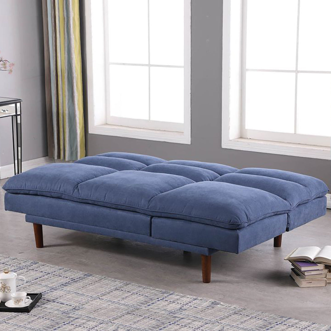 Convertible Futon Sofa Bed 76" Adjustable Back Upholstered Sleeper Couch with Wooden Legs, Blue