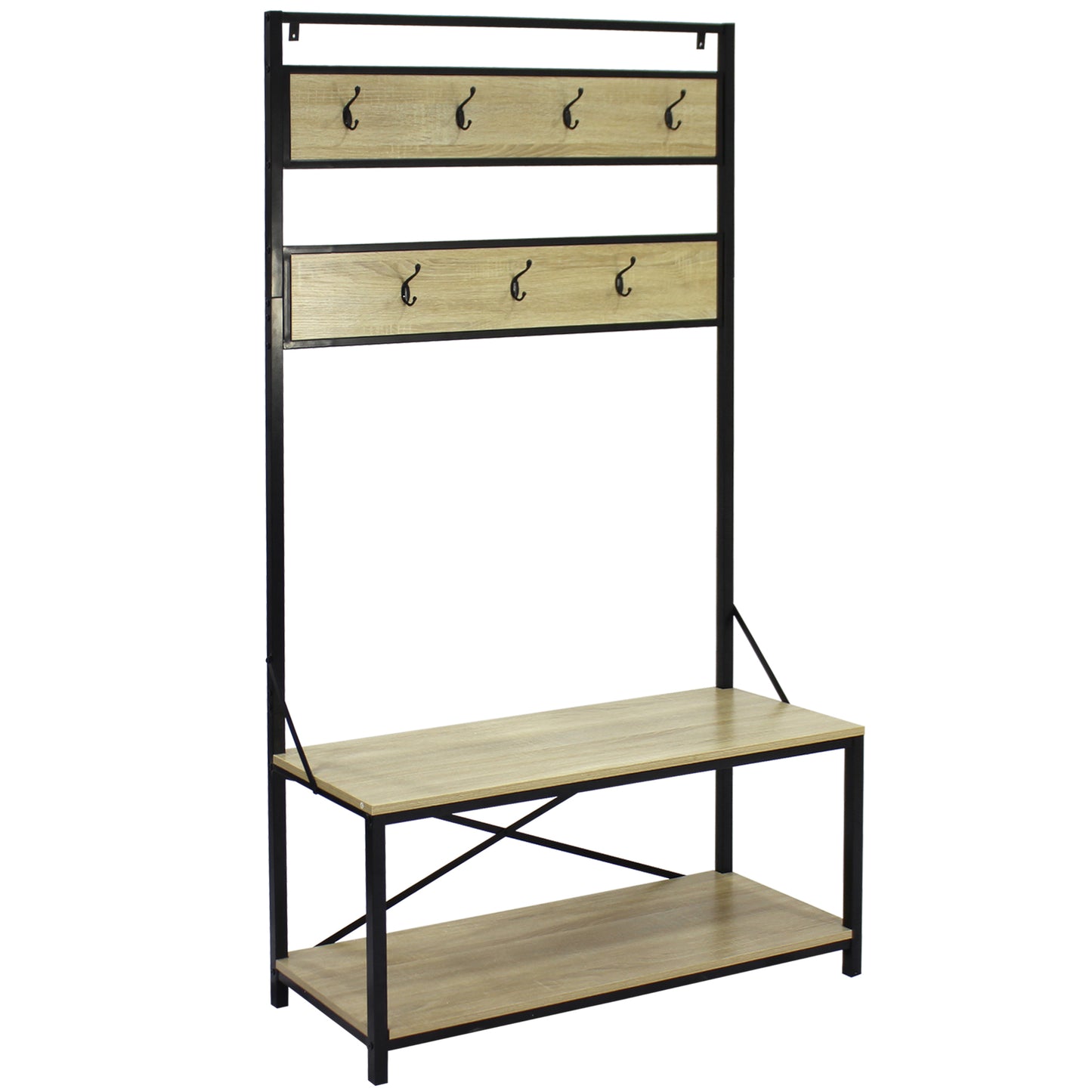 40” Industrial Hall Tree with Bench and Shoe Storage, Entryway Coat Rack with Hooks, Wood and Metal Organizer