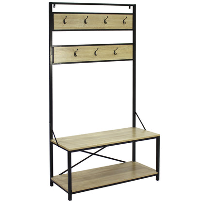 40” Industrial Hall Tree with Bench and Shoe Storage, Entryway Coat Rack with Hooks, Wood and Metal Organizer
