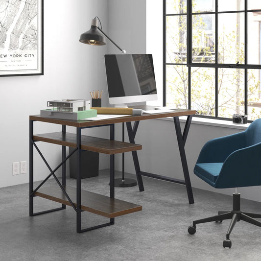 L - Shaped Home Office Desk with 2 Antigue Wood Shelves
