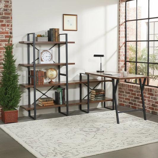 L - Shaped Home Office Desk with 6 Antigue Wood Shelves