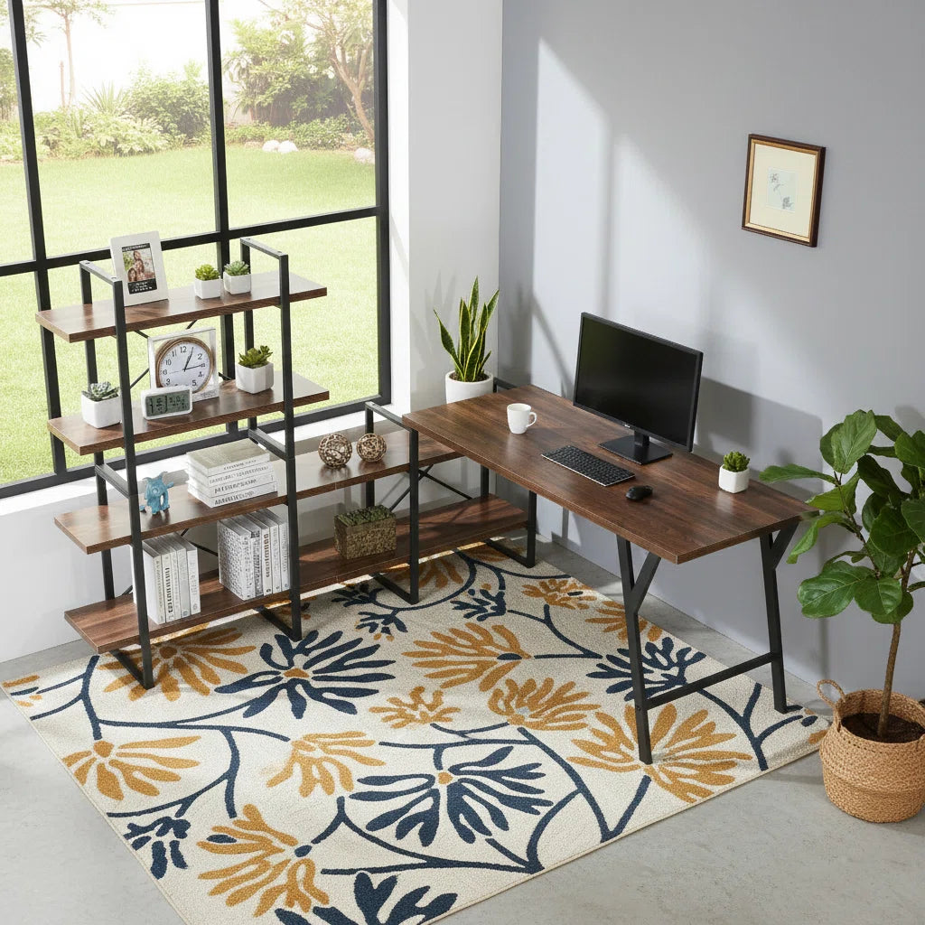 L - Shaped Home Office Desk with 6 Antigue Wood Shelves