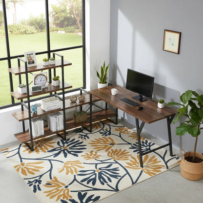 L - Shaped Home Office Desk with 6 Antigue Wood Shelves
