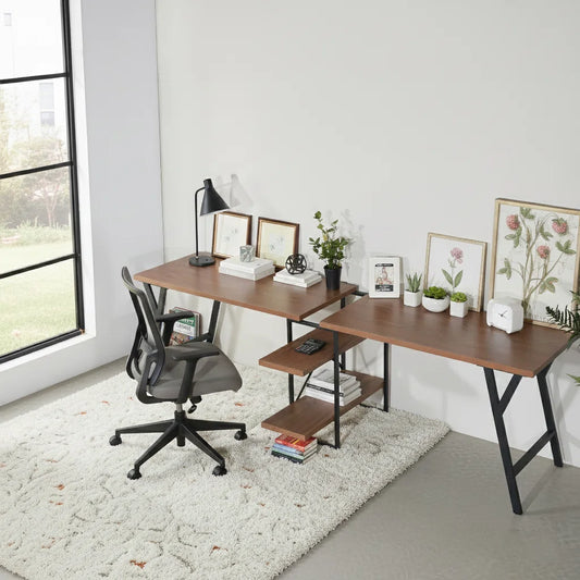 Rectangula Home Office Desk with 2 Antigue Wood Shelves