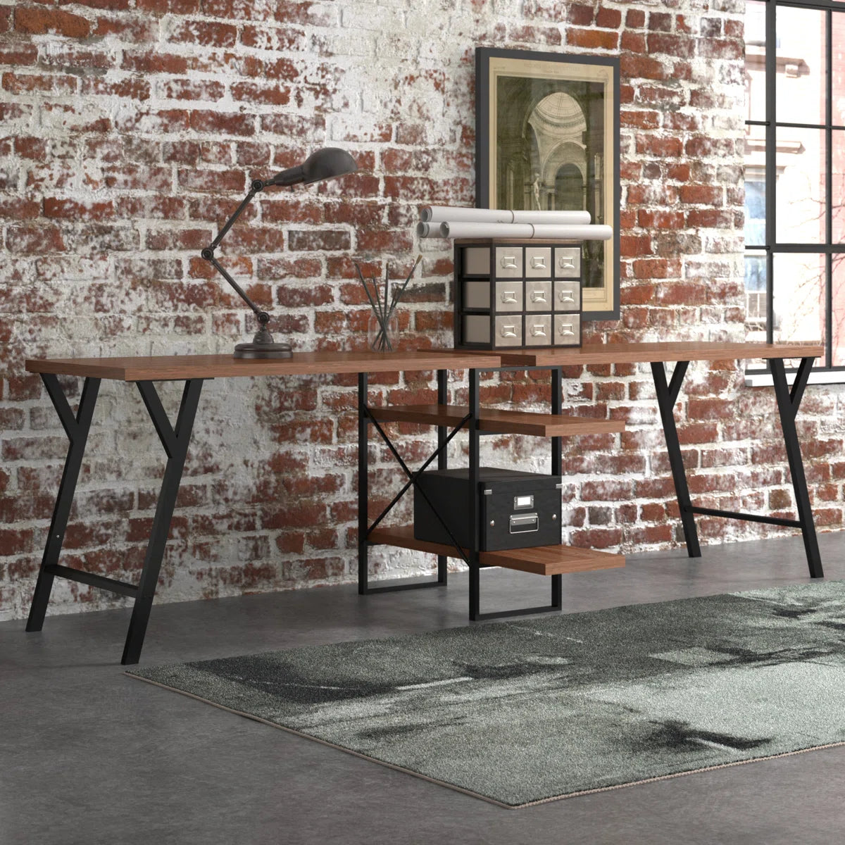 Rectangula Home Office Desk with 2 Antigue Wood Shelves