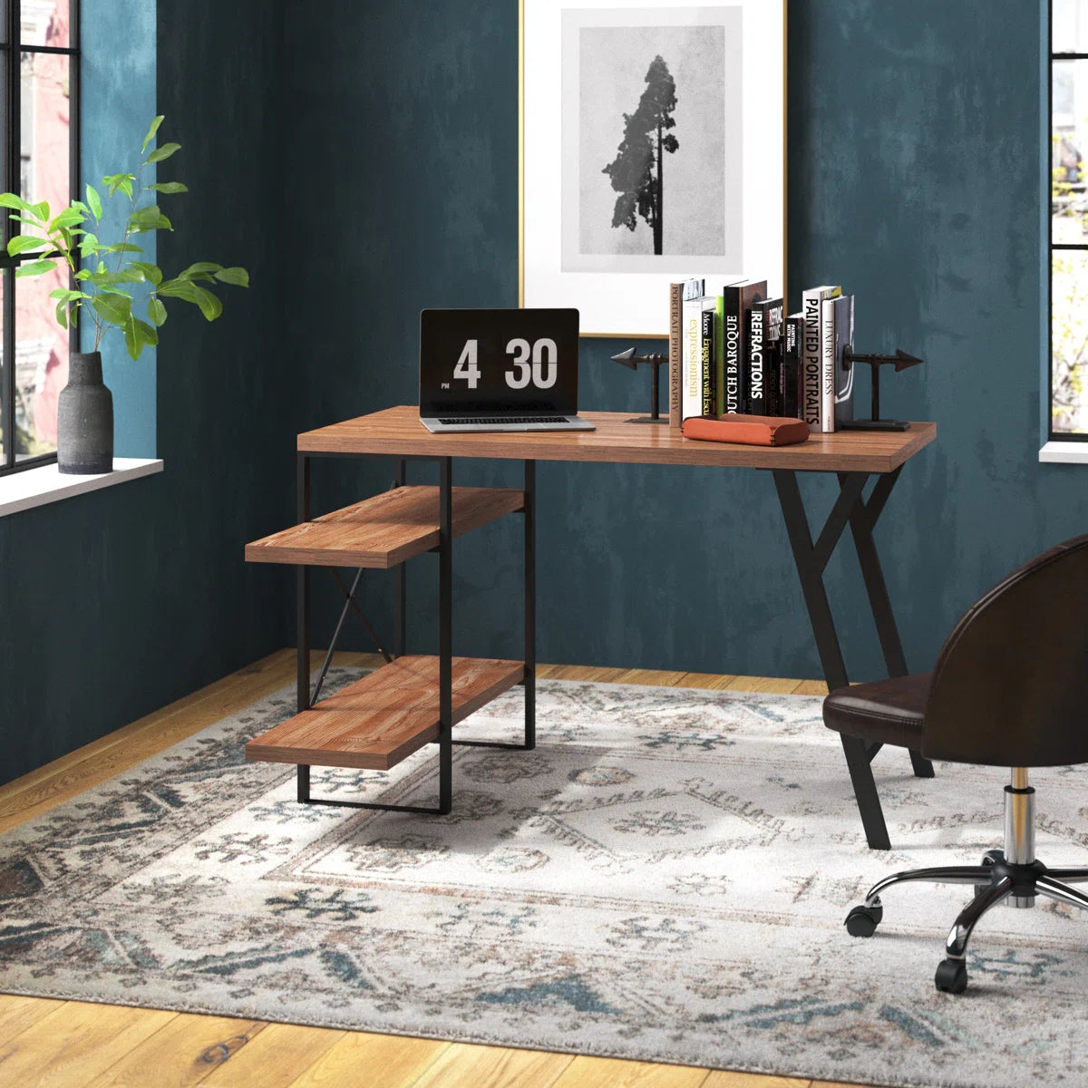 L - Shaped Home Office Desk with 2 Walnut Shelves