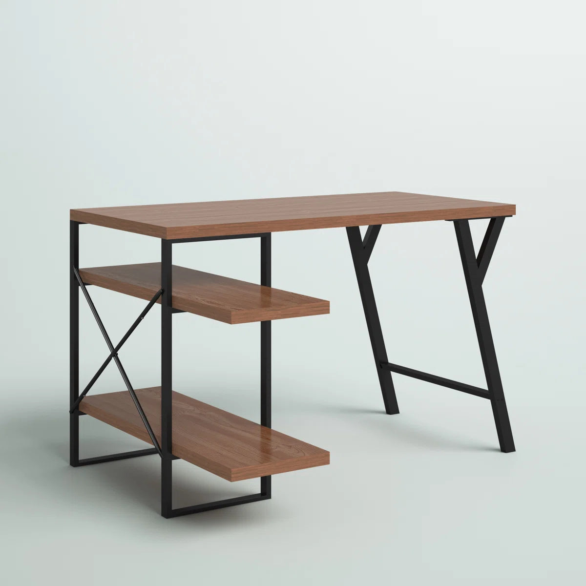 L - Shaped Home Office Desk with 2 Walnut Shelves