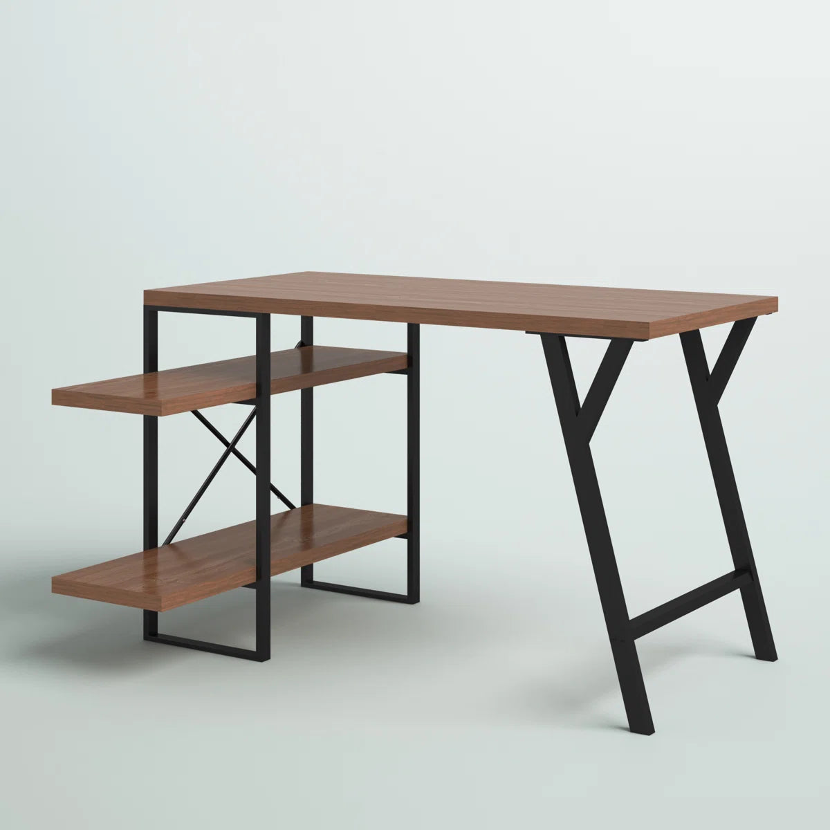 L - Shaped Home Office Desk with 2 Walnut Shelves