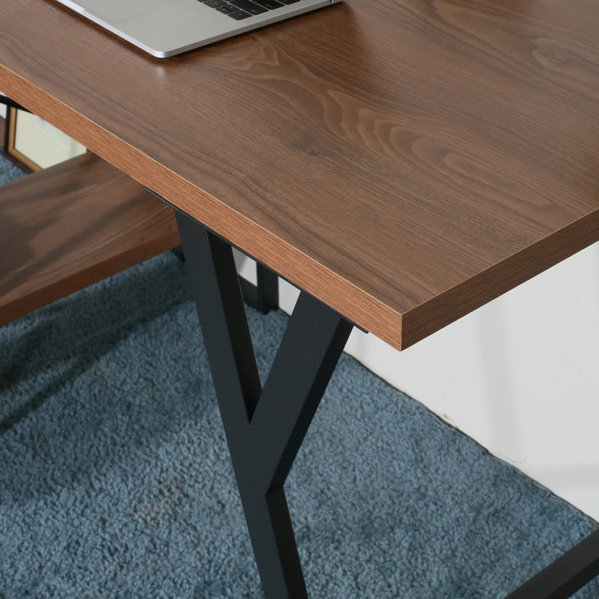 L - Shaped Home Office Desk with 2 Walnut Shelves