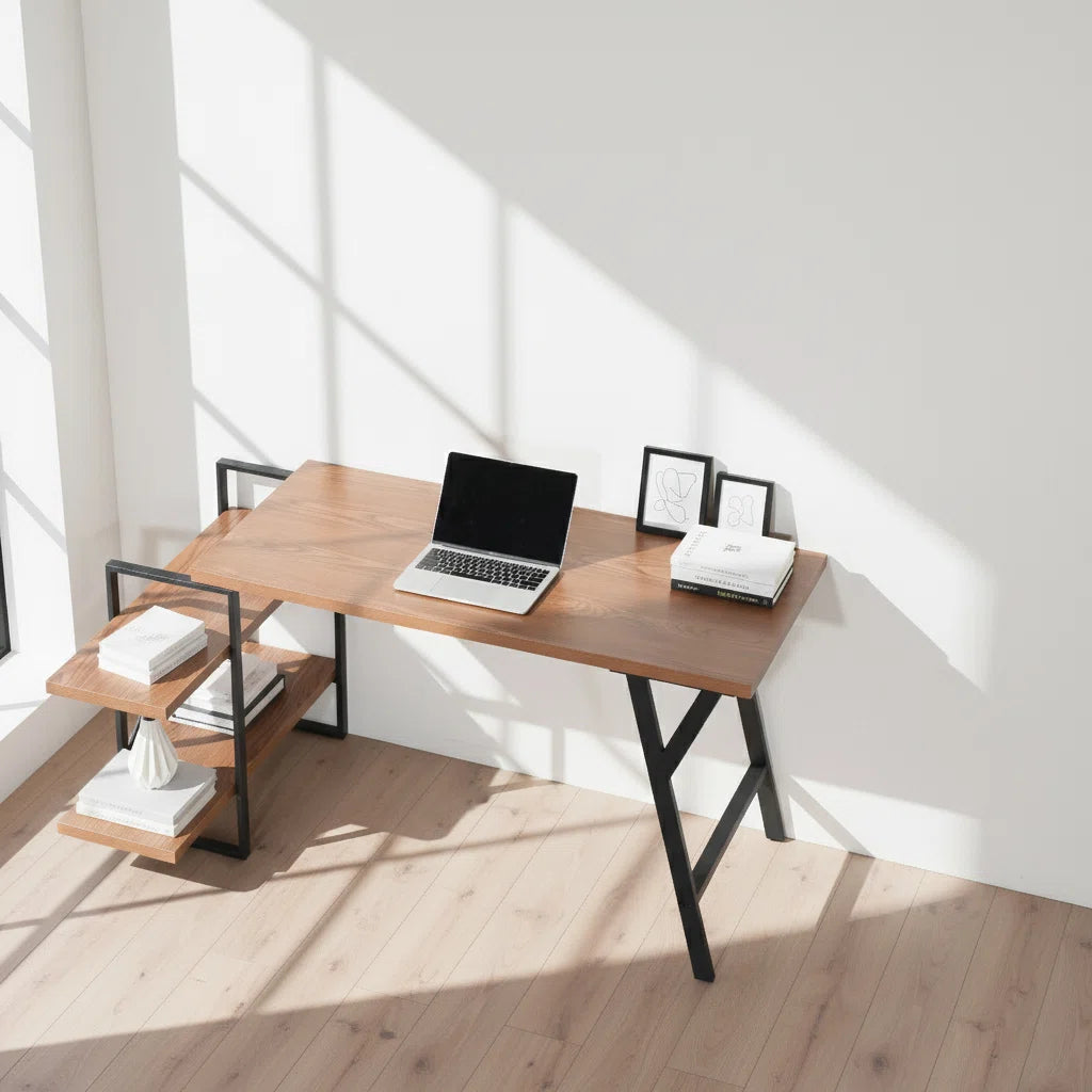 L - Shaped Home Office Desk with 2 Walnut Shelves