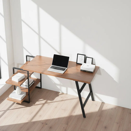 L - Shaped Home Office Desk with 2 Walnut Shelves
