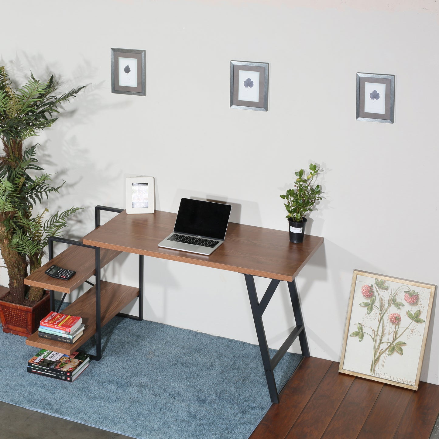 L - Shaped Home Office Desk with 2 Walnut Shelves