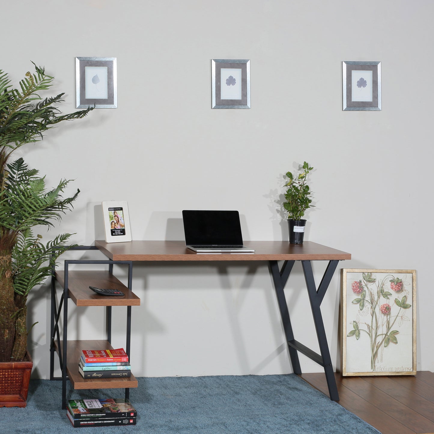 L - Shaped Home Office Desk with 2 Walnut Shelves