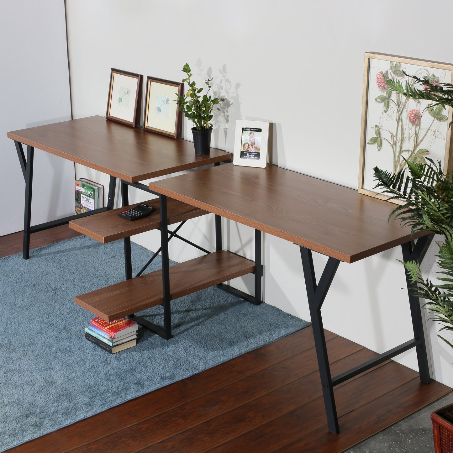 Rectangula Home Office Desk with 2 Walnut Shelves