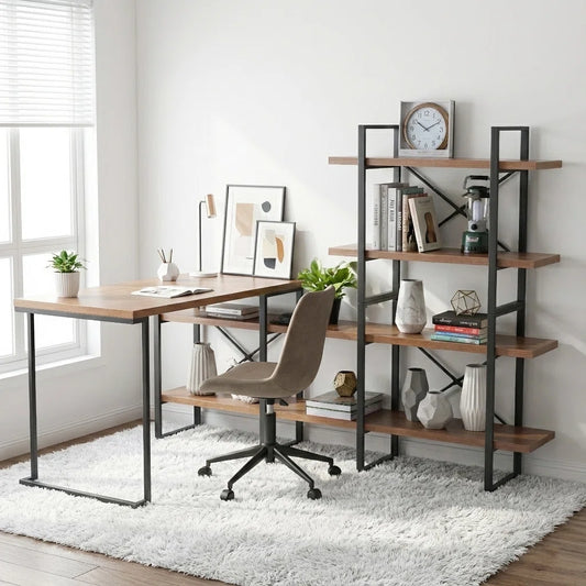 L - Shaped Home Office Desk with 6 Antigue Wood Shelves