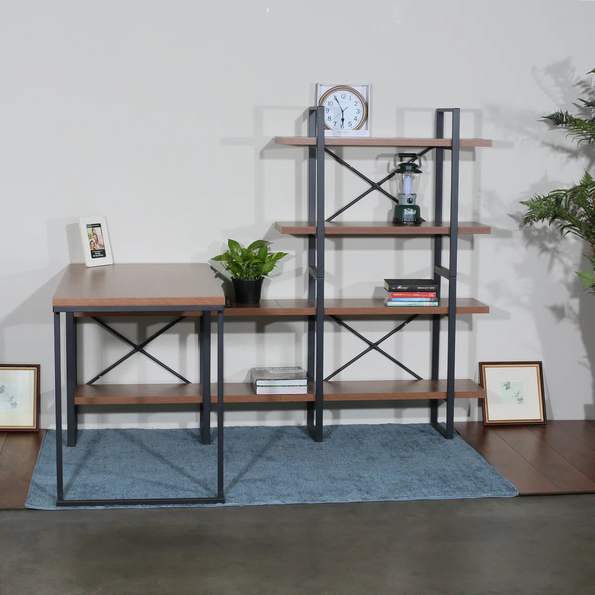 L - Shaped Home Office Desk with 6 Antigue Wood Shelves