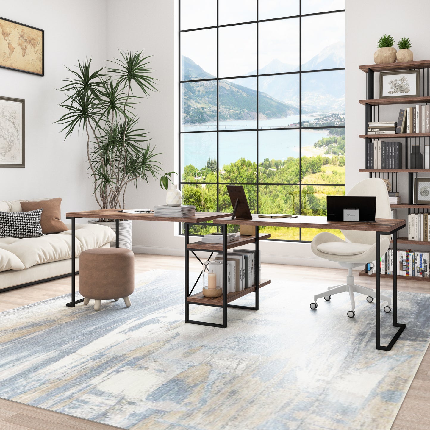 99.6"  writing Desk with 2-Tier Bookcase
