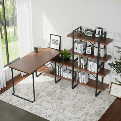 L - Shaped Home Office Desk with 6 Walnut Shelves