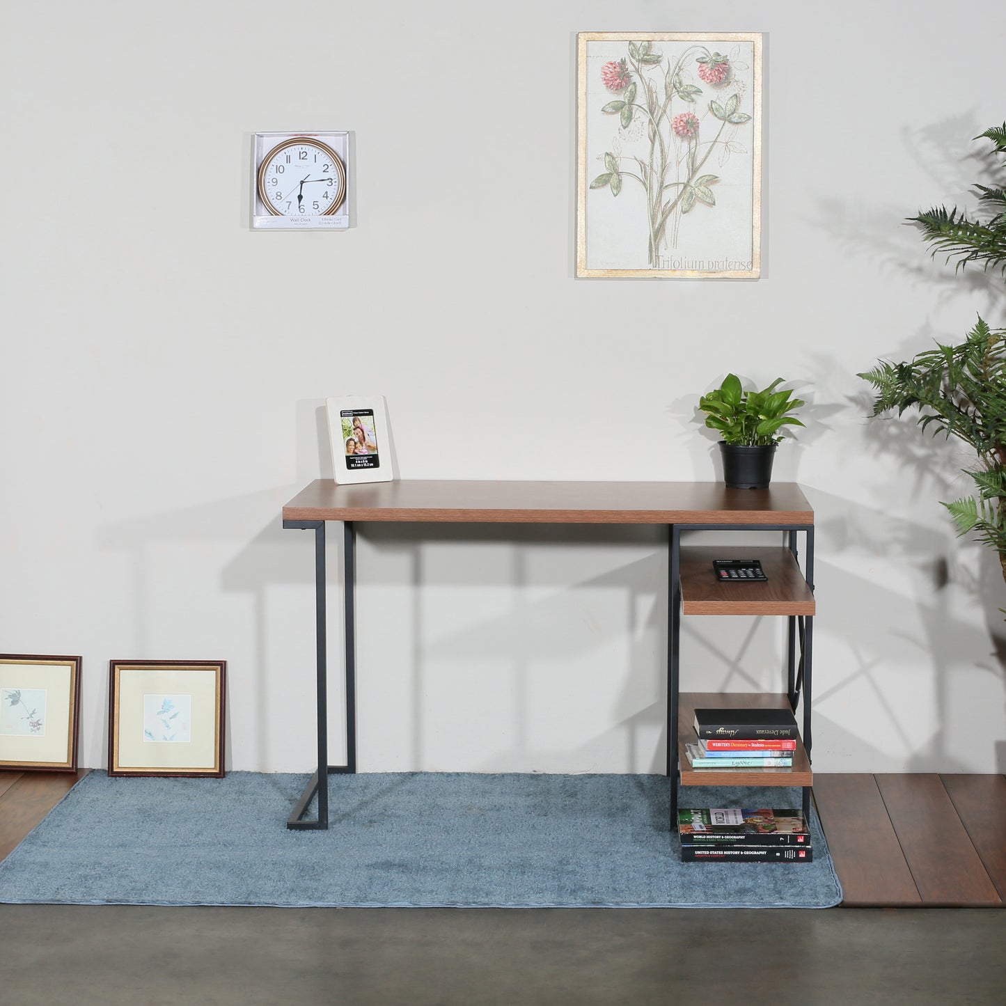 L - Shaped Home Office Desk with 2 Walnut Shelves