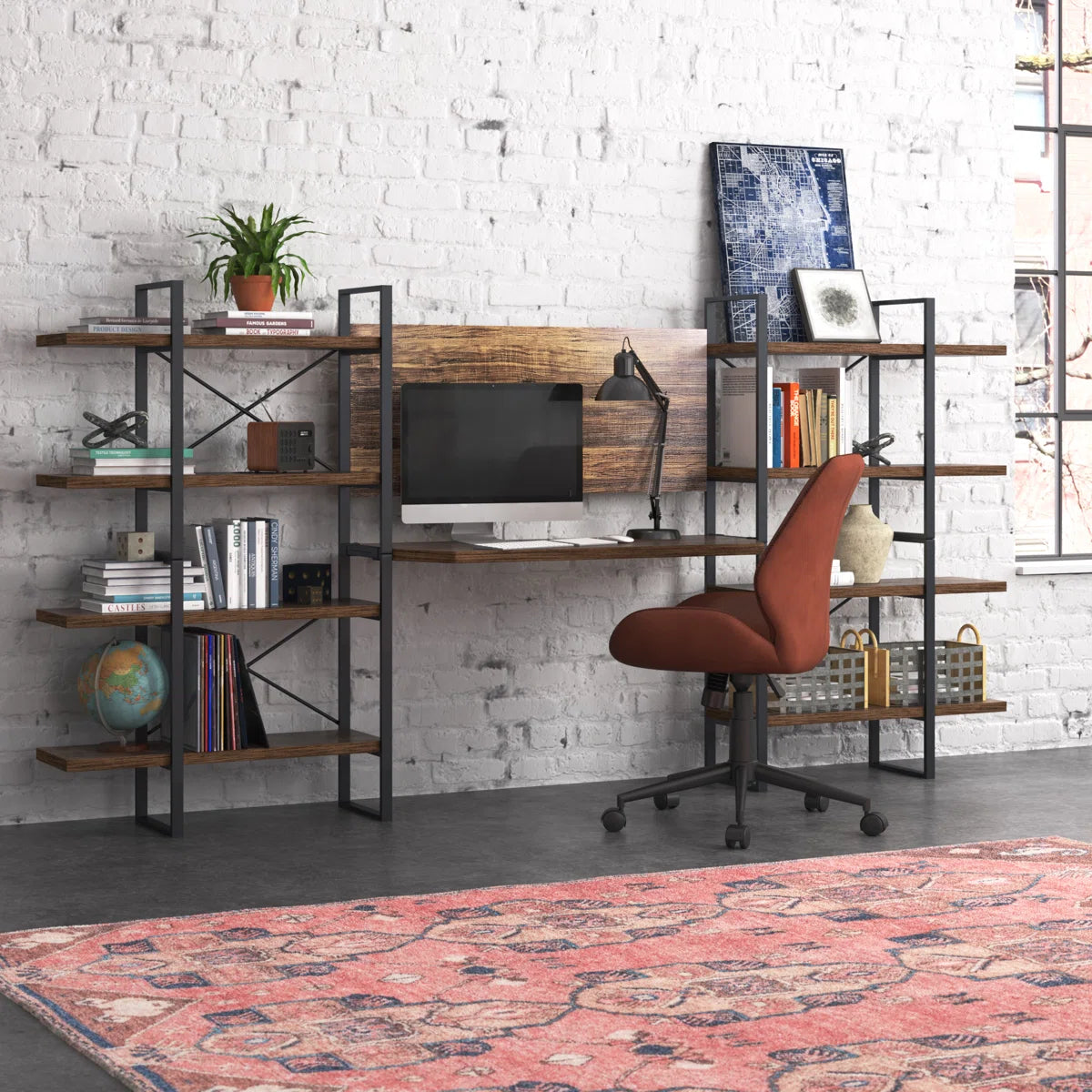 Rectangula Home Office Desk with 8 Antigue Wood Shelves