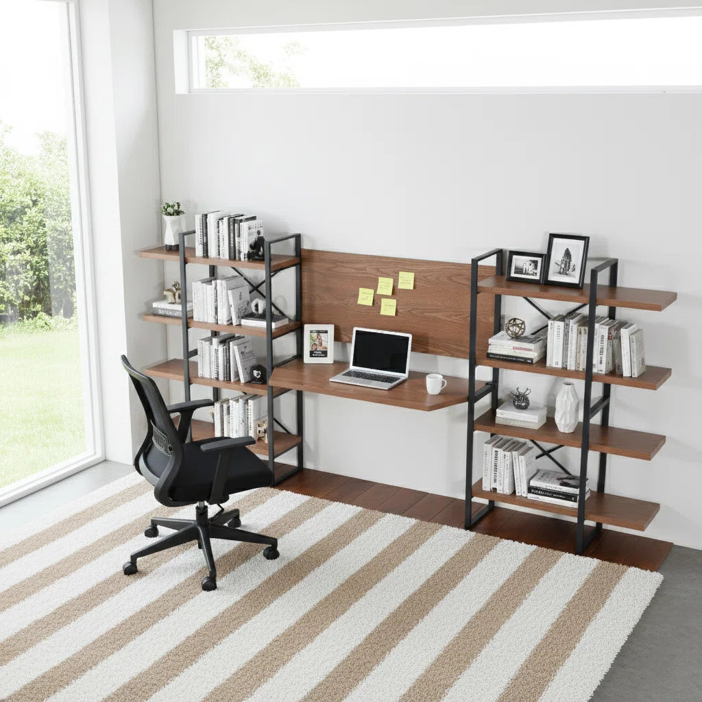 Rectangula Home Office Desk with 8 Walnut Shelves